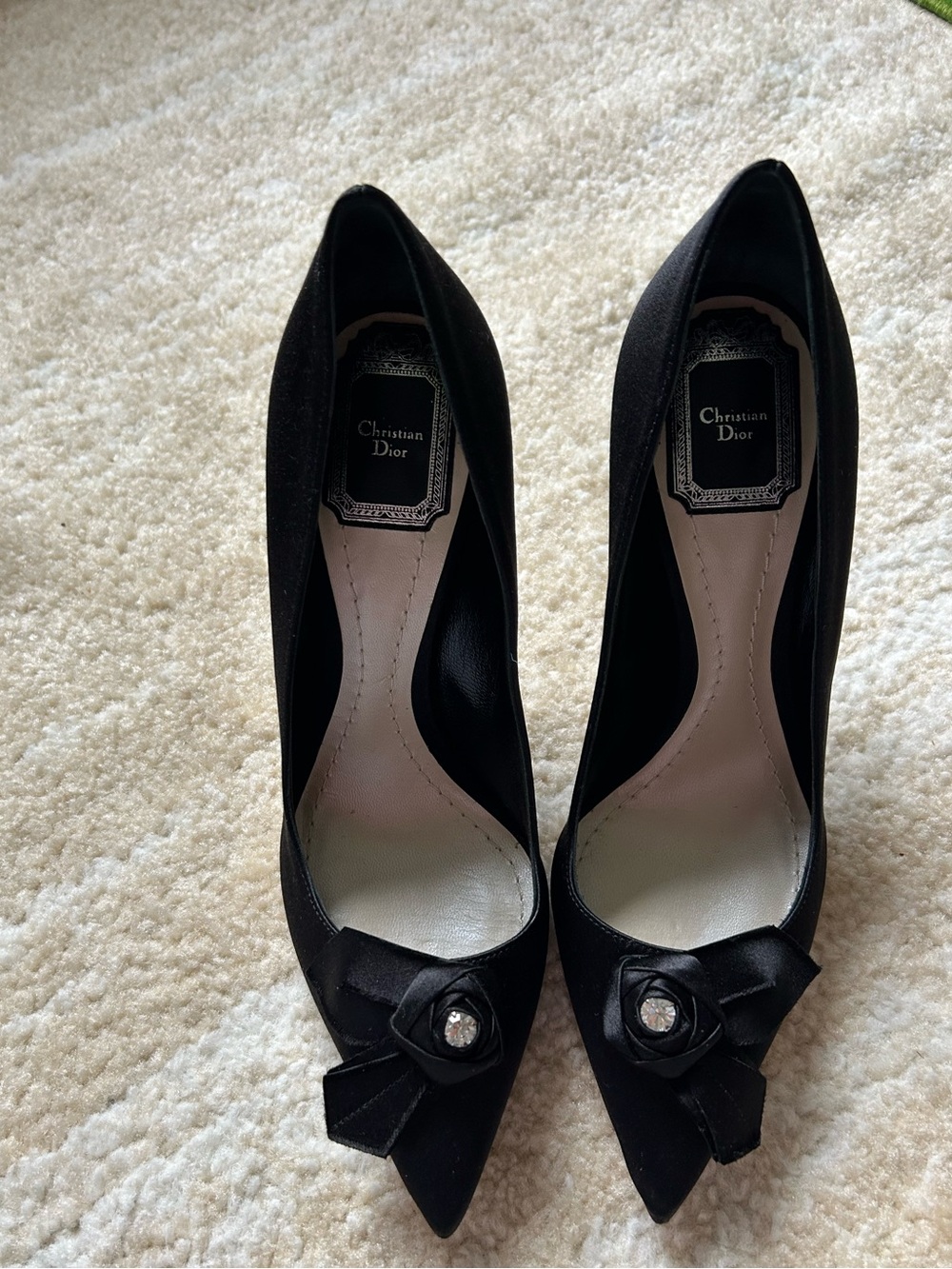 Christian Dior Black Satin Crystal Bow Heels Size 37.5